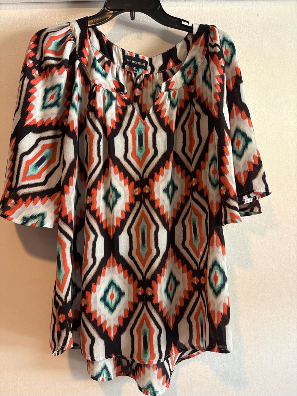 My Michelle Geometric Print Short Sleeve Blouse - Black, White, Orange & Teal